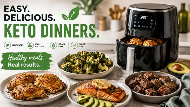 Easy keto air fryer dinner recipes featuring crispy chicken thighs, salmon, steak bites, and roasted vegetables