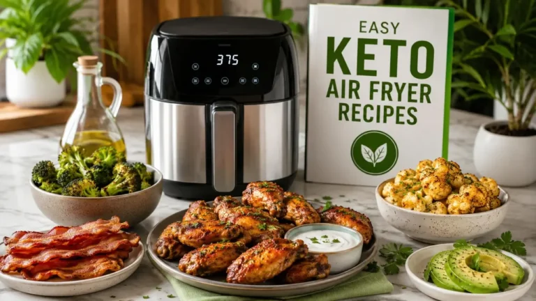Easy keto air fryer recipes featuring crispy chicken wings, bacon, roasted broccoli, and healthy low-carb meals beside modern air fryer