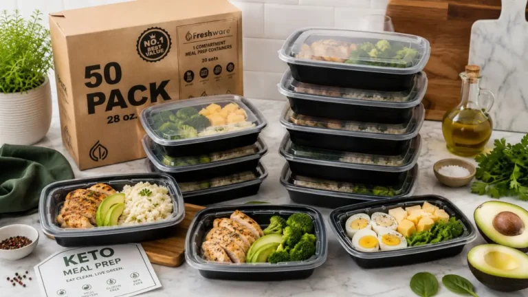 Stackable keto meal prep containers with chicken, avocado, eggs, broccoli, and healthy low-carb meal prep foods