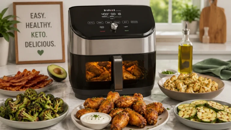 Instant Vortex Plus air fryer with crispy keto chicken wings, roasted vegetables, bacon, and healthy low-carb foods on modern kitchen countertop