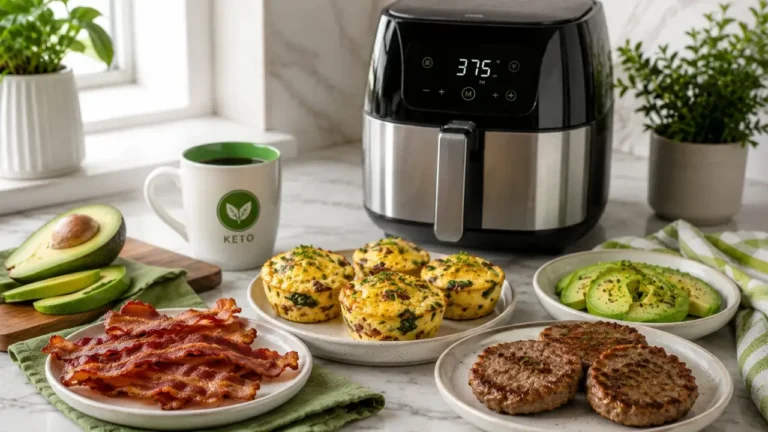 Keto air fryer breakfast with crispy bacon, egg muffins, avocado, and sausage patties on modern kitchen countertop
