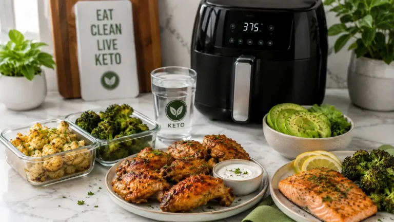 Keto air fryer lunch ideas featuring chicken wings, salmon, roasted broccoli, and healthy low-carb meals