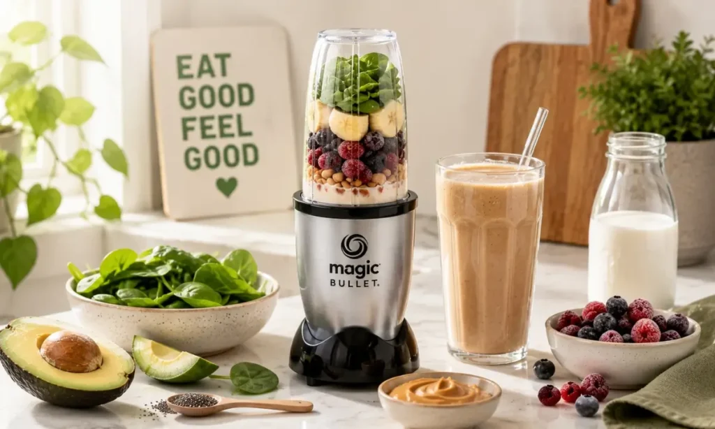 Magic Bullet personal blender with keto smoothie ingredients including avocado, berries, spinach, and almond milk