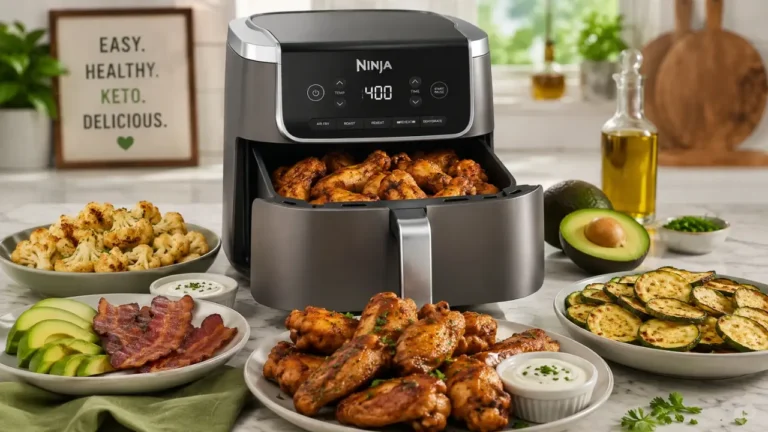 Ninja air fryer with crispy keto chicken wings, roasted vegetables, bacon, and healthy low-carb foods on modern kitchen countertop