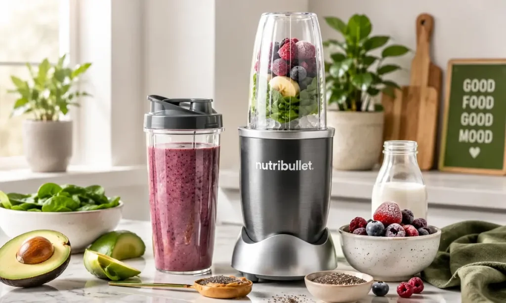 NutriBullet personal blender with berry keto smoothie, avocado, spinach, and healthy low-carb smoothie ingredients