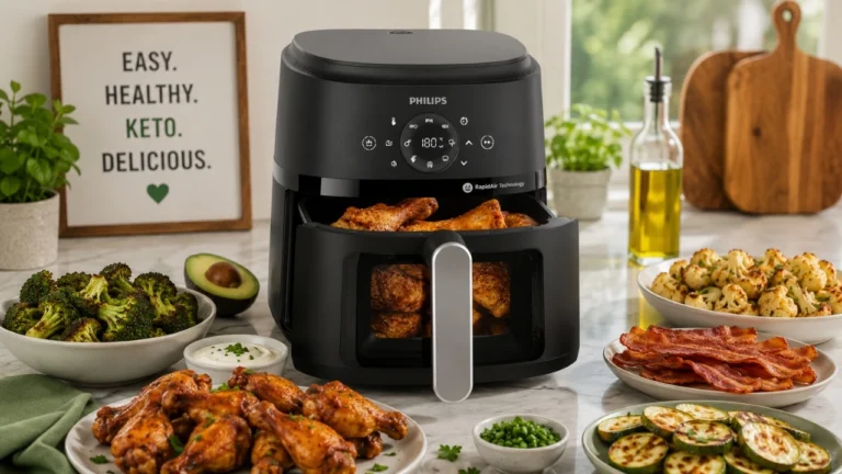 Philips Essential air fryer with crispy keto chicken wings, roasted vegetables, bacon, and healthy low-carb foods on modern kitchen countertop