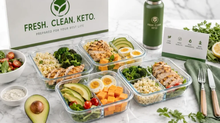 Glass keto meal prep containers with chicken, avocado, broccoli, cauliflower rice, and healthy low-carb lunch ingredients