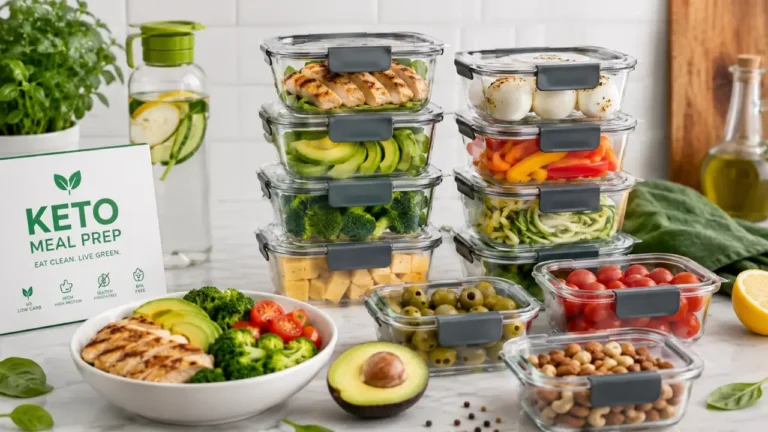 Clear keto food storage containers with chicken, avocado, broccoli, eggs, and healthy low-carb meal prep ingredients