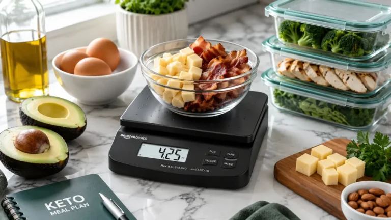 Amazon Basics digital food scale measuring keto ingredients for meal prep