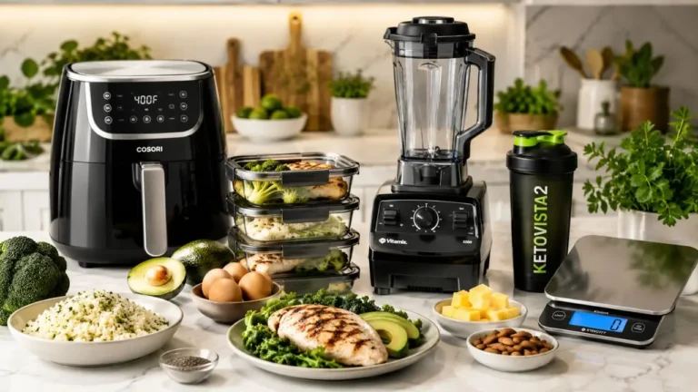 Best keto kitchen essentials for beginners including air fryer blender food scale protein shaker and meal prep containers