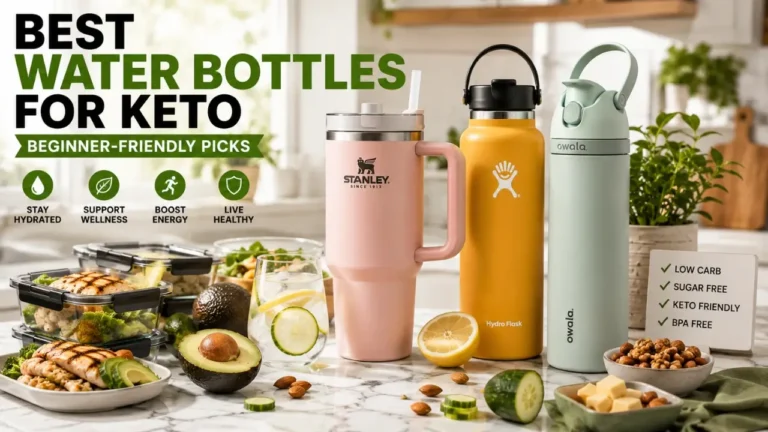 Best water bottles for keto beginners including insulated Stanley Hydro Flask and Owala bottles with healthy low-carb foods