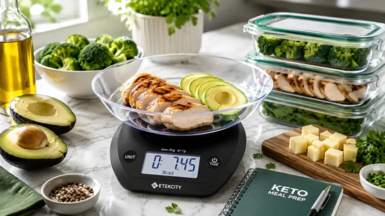 Etekcity digital food scale weighing keto meal prep ingredients including chicken and avocado
